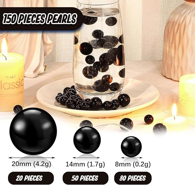 Black Vase Filler | 150PCS Pearls Bead for Centerpieces Vases | 8/14/20 mm No Hole Beads, Fake Pearls for Wedding Birthday Theme Party Table Centerpieces Decor