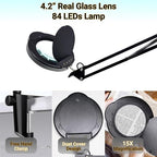15X Magnifying Glass Desk Lamp with Clamp, Real Glass Lens with Dust Cover, 84 LEDs, 5 Color Modes, 10 Brightness Dimmable, Long Flexible Swing Arm Magnifier for Reading, Crafting, Repair, Close Works