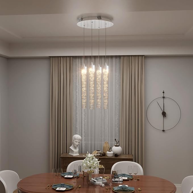 4-Lights Kitchen Island Pendant Lights Silver Mini Chandeliers for Dining Room Crystal Pendant Lighting Ceiling Lights for Hallway Foyer Living Room