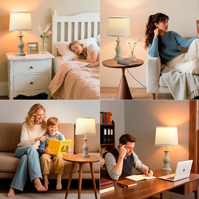 Vintage Table Lamp for Living Room Bedroom, 18.5" Farmhouse Bedside Lamps Nightstand Lamp Set of 2, Table Lamps with Oatmeal Linen Lamp Shades, 2 LED Bulbs Included, White Stripe