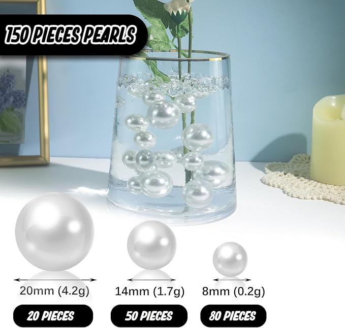 White Vase Filler | 150PCS Pearls Bead for Centerpieces Vases | 8/14/20 mm No Hole Beads, Fake Pearls for Wedding Birthday Theme Party Table Centerpieces Decor