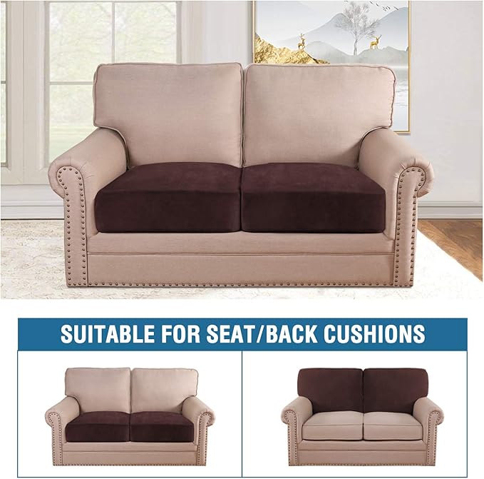 H.VERSAILTEX Velvet Stretch Couch Cushion Cover Plush Cushion Slipcover for Chair Loveseat Sofa Cushion Furniture Protector Seat Cushion Sofa Cover (2 Piece Medium Sofa Cushion Covers, Brown)