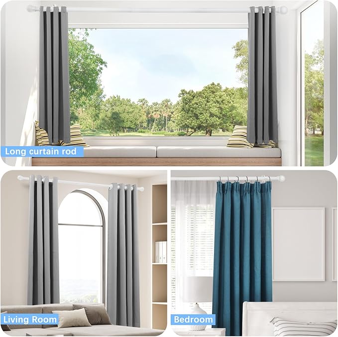 Curtain Rods for Windows 16 to 76 Inches, Curtain Rod Max Adjustable Length of 88 IN, 1" Diameter Drapery Rods Round Finials, White, Pack of 2