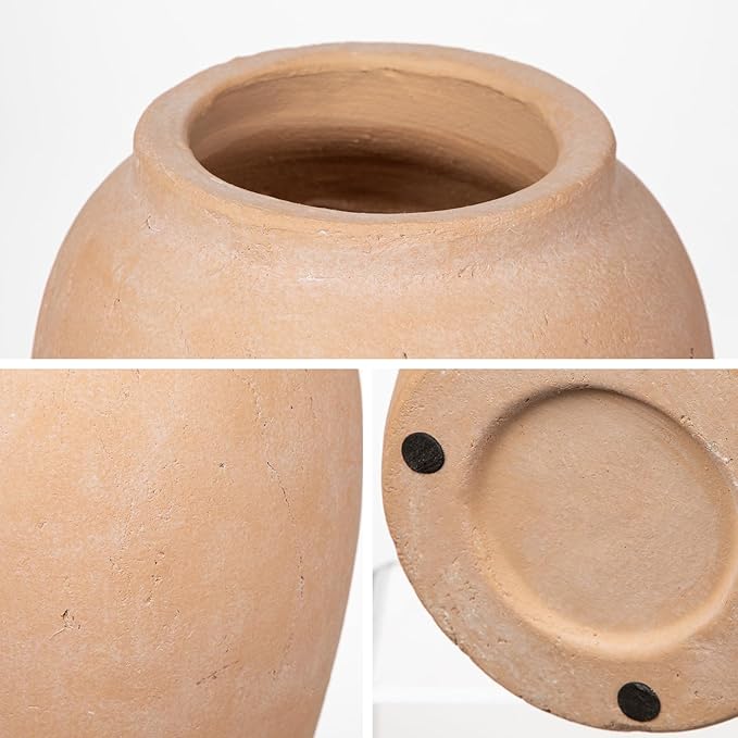 Handcrafted Flower Vase, 10.5" Tall Terracotta Vases, Vintage Rustic Ceramic Vase Décor, Wide Mouth, Matte Finish for Home Office Resto Café Decoration