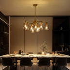 9-Light Gold Glass Chandelier, Adjustable Height Dining Room Light Fixtures Over Table, Contemporary Hanging Chandelier for Kitchen Island Living Room Foyer Office, Clear Glass Shade