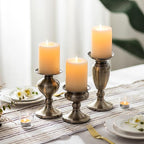 Sziqiqi Pillar Candle Holder Bronze: Vintage Metal Candle Holder for Table Centerpiece - Antique Candle Stand Set of 3 for Living Room Fireplace Dining Christmas Wedding Decorations