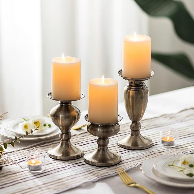 Sziqiqi Pillar Candle Holder Bronze: Vintage Metal Candle Holder for Table Centerpiece - Antique Candle Stand Set of 3 for Living Room Fireplace Dining Christmas Wedding Decorations