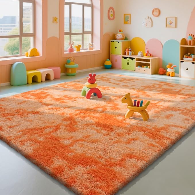 Mottling Orange Fluffy Rug Shaggy Area Rug, 9x12 Area Rugs for Girls Bedroom, Big Soft Shaggy Bedside Non-Slip Plush Dorm Nursery Kids Carpet Home Decor Aesthetic