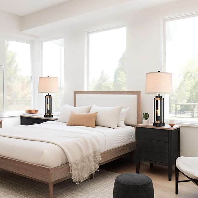 Farmhouse Table Lamps for Living Room Set of 2, 26” Rustic Beside Lamps with USB Charging Ports and Night Light, Bedroom Nightstand Lamp Vintage Reading Lamps for End Table,Bulbs Included