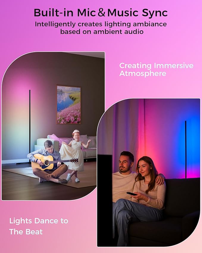 LED Corner Lamp, 65" RGB Corner Floor Lamp with 16 Million DIY Colors, 216 Dynamic Light Effects and Music Sync - App and Remote Control LED Lamp for Bedroom, Living Room, Gaming Room