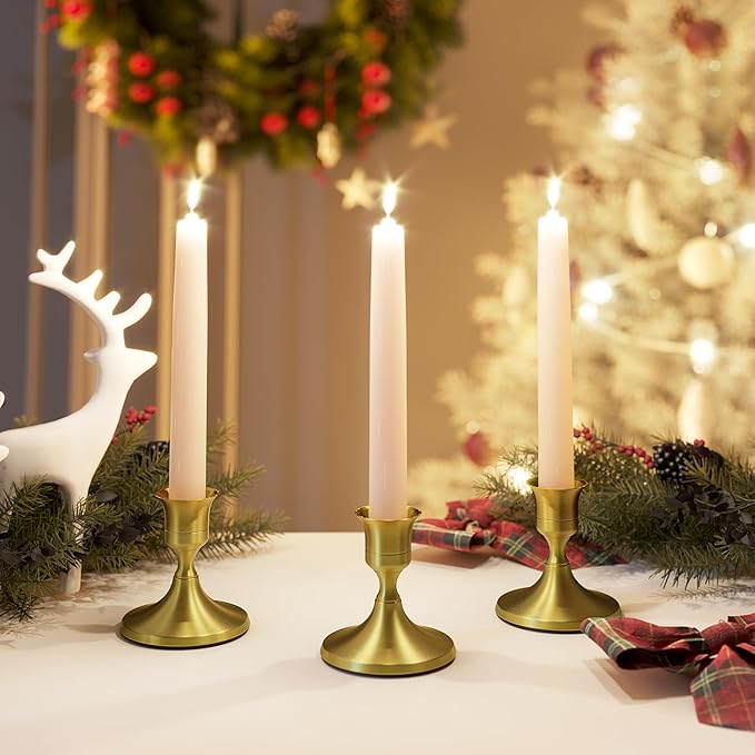 Brass Gold Taper Candle Holders Set of 2, Vintage Metal Candlestick Holders for Dinner Room Table Centerpiece or Mantel Wedding Party Decor