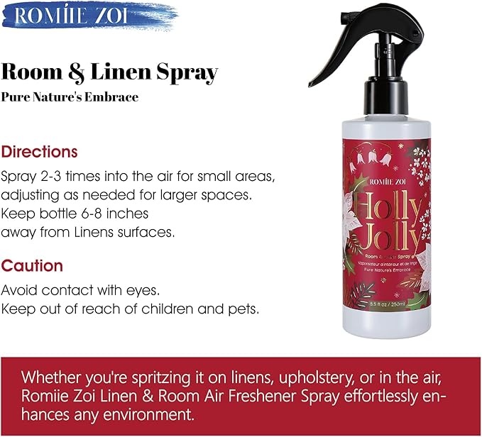 Romiie Zoi Christmas Linen & Room Air Freshener Spray Room Mist- Holly Jolly - Infused with Citrus & Pine Aroma- 250ml / 8.5 FL OZ.