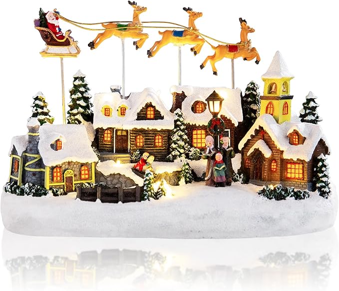 Musical Christmas Village Houses Santa Claus Sledding Reindeer Christmas Collectible Buildings LED Lights Musical Indoor Display Figurines Xmas Decoration