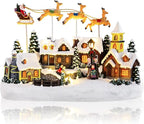 Musical Christmas Village Houses Santa Claus Sledding Reindeer Christmas Collectible Buildings LED Lights Musical Indoor Display Figurines Xmas Decoration
