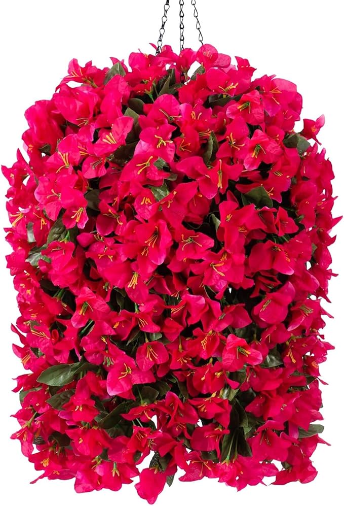 Artificial Bougainvillea Faux Flowers Plants Baskets for Outdoor Outside Summer Decoration, 3 PCS Fake Silk Long Hanging Vines UV Resistant Realistic for Front Door Porch Patio Balcony, Hotpink
