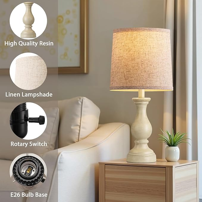 Seealle Farmhouse Table Lamps Set of 2 - Rustic Lamp for Bedroom Living Room, 22" Boho Bedside Lamps for Night Stands End Table Office Desk Lamp Nightstand Clearance with Linen Shades(Antique White)
