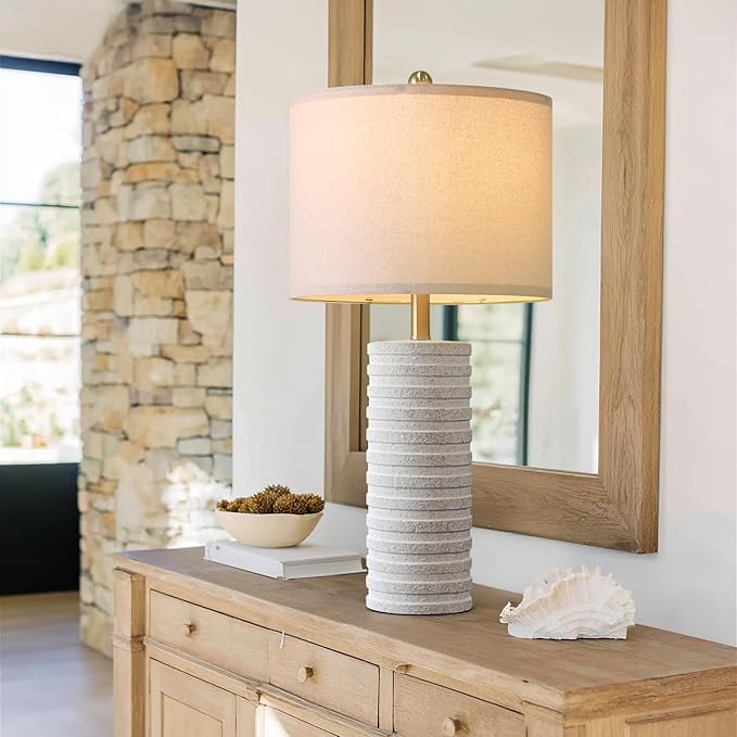 PoKat 27" Stone-Like Farmhouse Ceramic Table Lamps Set of 2 for Bedroom, Rustic Nightstands Lamps for Night Stands, Distressed Neutral Bedside Lamps with Natural Textured for Living Room, Home Decor