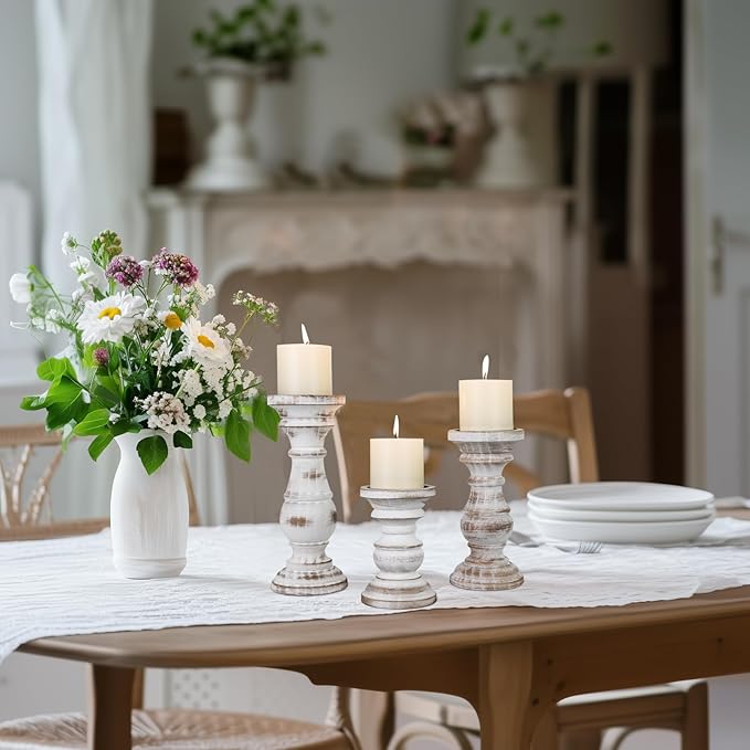 Candle Holder for Pillar Candle Set of 3, Farmhouse Wood Candle Holder, Rustic Wooden Candle Stand, Decorative Wood Candlestick Holders for Living Room, Table Centerpiece (Antique White)