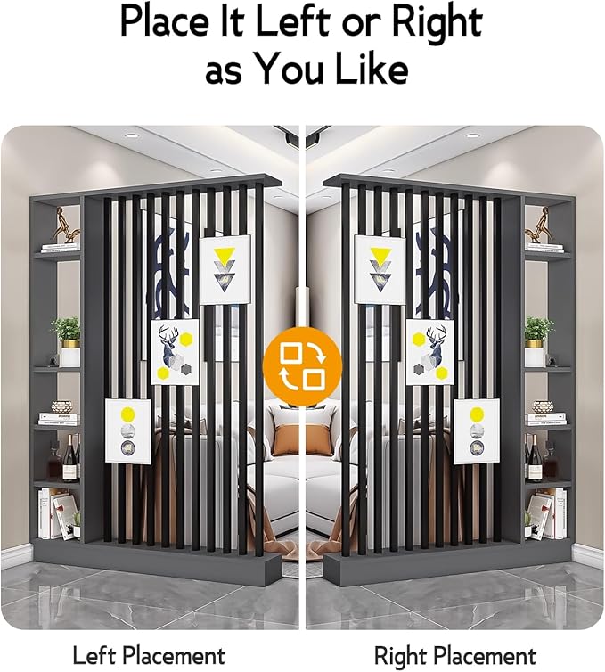 Wall Room Divider, Storage Cabinet Storage Display with Shelves, Modern Freestanding Wood Room Divider Screen, Wall Privacy Screens for Home Decorative (Grey+Black,55" L x 9.5" W x 79.5" H)