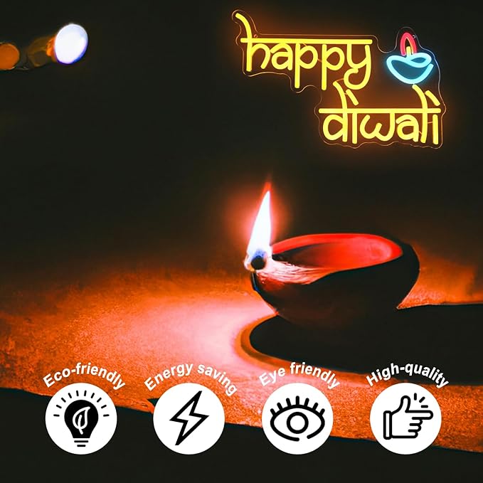 Happy Diwali Neon Sign Festival of Light Decorations - Chanukah Neon Light Orange Dimmable Deepavali LED Sign - Hanukkah Light Up Signs for Home Bar Decor Party Supplies