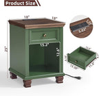 Farmhouse Side Table with Charging Station, Rustic Wood End Table with Drawer, Small Nightstand with Open Shelf for Bedroom, End Tables for Living Room, Green