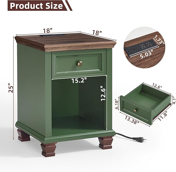 Farmhouse Side Table with Charging Station, Rustic Wood End Table with Drawer, Small Nightstand with Open Shelf for Bedroom, End Tables for Living Room, Green