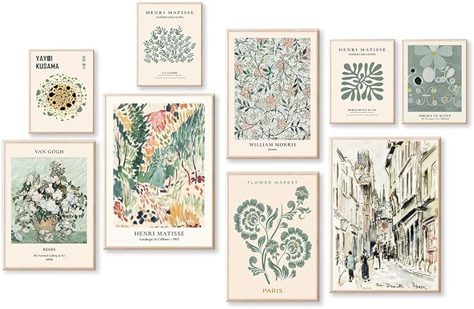 KBKBART 9 PCS Sage Green Wall Art - Eclectic Decor, Abstract Posters for Room Aesthetic, Matisse Wall Art for Bedroom