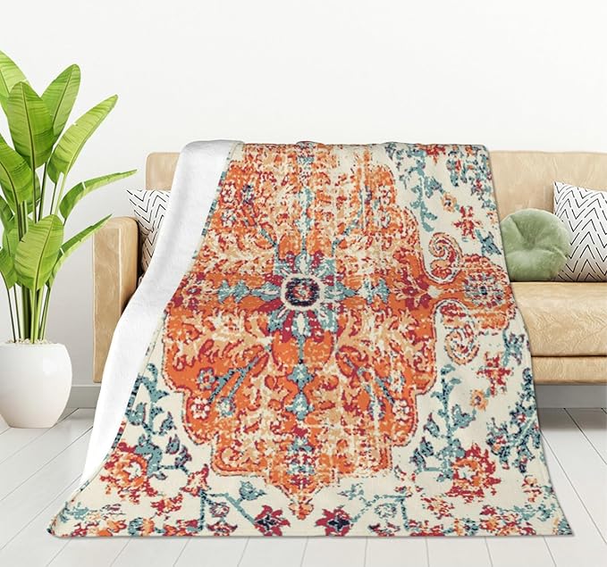 HGOD DESIGNS Carpet Pattern Throw Blanket Boho Style Ethnic Design Orange Blue Soft Blankets and Throws 50x60 Inch Caring for Women Men (130x150cm)