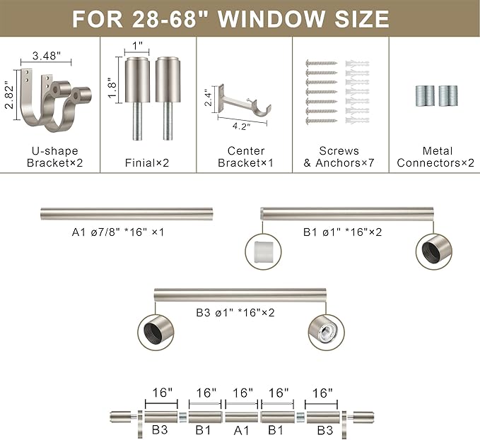 Curtain Rods for 28-68” Windows, Splicing Construction, 1” Adjustable Drapery Rod with Aluminum Alloy Brackets and Finials for Window, Sliding Door, Patio, Living Room Decoration, Brushed Nickel