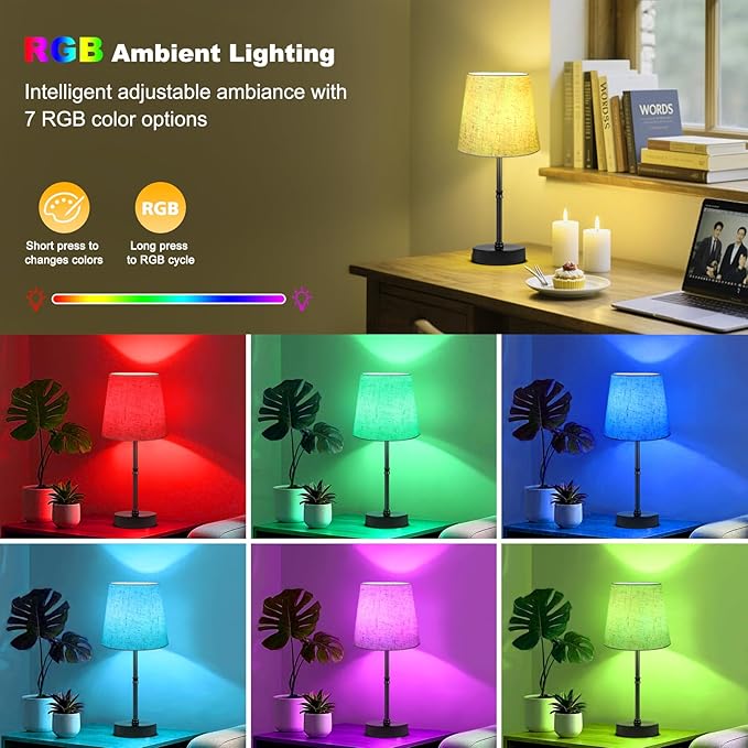 Cordless Table Lamp,5000mAh Rechargeable Battery Operated Desk Lamp,3 Colors & 7 RGB Stepless Dimmable,Portable Wireless Touch Bedside Night Light for Restaurant,Home,Decor Party,Flaxen Shade