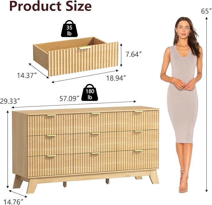 Fluted Dresser for Bedroom,9 Drawer Dresser for Closet,57" Wide Storage Cabinet and Chest of Drawers with Gold Handle,TV Stand,Storage Organizer for Living Room,Hallway,Entryway,Natural Oak