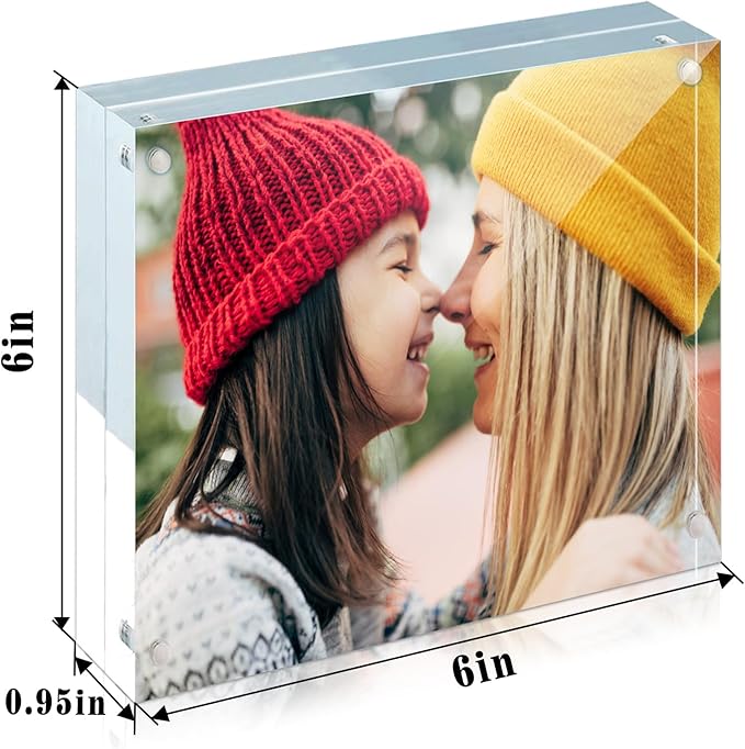 ILYXY 5 Pack Acrylic Frame 6x6, 20% Thicker, 24mm Thick Frameless Clear Square Picture Frame, Double Sided Magnetic Photo Frame, Free Standing Desktop Display Stand Acrylic Picture Frames