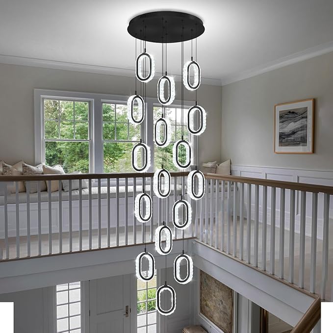 Large Crystal Chandeliers for Stairs Long Spiral Chandeliers for High Ceilings LED Crystal Ring Chandelier Dimmable 2700K-6000K 16-Light Black