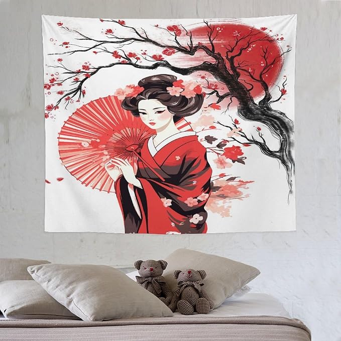 Japanese Red Geisha Tapestry Asian Cherry Blossom Traditional Kimono Folk Tapestries Home Decor for Living Room Bedroom Apartment Farmhouse Dorm 60"x50"
