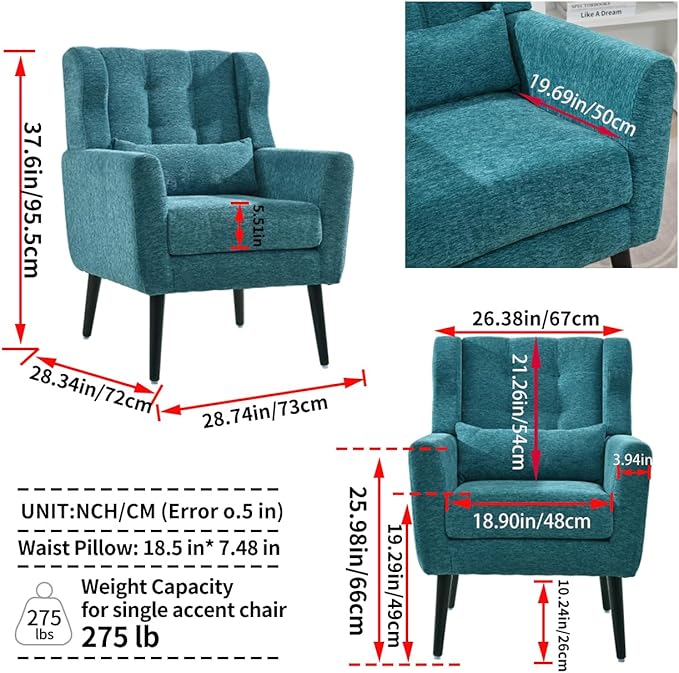 Accent Chair, Comfy Upholstered Living Room Chairs with High Tufted Backrest and Pillow, Wingback Reading Chair with Solid Wood Legs for Bedroom/Office, Chenille Fabric, Teal