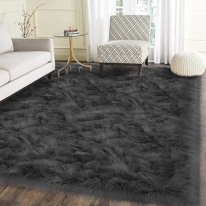 Latepis Rugs for Living Room 5x7 Dark Grey Washable Faux Fur Throw Rugs for Bedroom Sofa Floor Fluffy Shag Fuzzy Rug Shaggy Rug Luxury Home Decor Rectangle