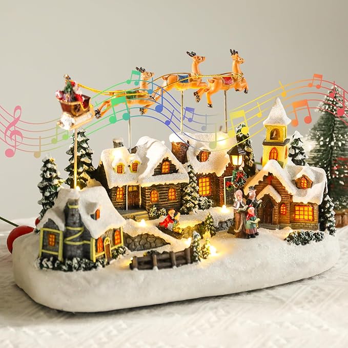 Musical Christmas Village Houses Santa Claus Sledding Reindeer Christmas Collectible Buildings LED Lights Musical Indoor Display Figurines Xmas Decoration