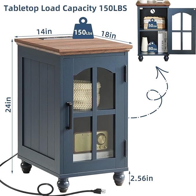 Farmhouse End Table Set of 3 with Charging Station, 18'' Narrow Side Table and 24" Large Sofa Side Table with Glass Barn Door Storage, Wood Night Stand Bedside Table for Living Room,Bedroom