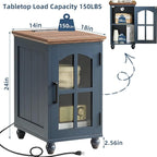 Farmhouse End Table Set of 2 with Charging Station, 18'' Narrow Side Table and 24" Large Sofa Side Table with Glass Barn Door Storage, Wood Night Stand Bedside Table for Living Room,Bedroom