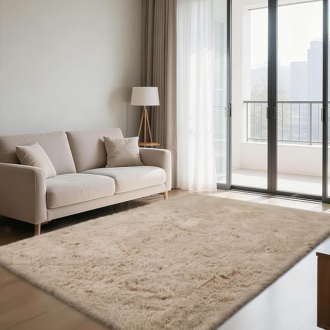 Fluffy Rug Shaggy Area Rug, Beige 5x8 Area Rugs for Bedroom, Small Bedside Rug, Soft Fluffy Shaggy Entryway Throw Rugs for Living Room Bedroom Kids Room Home Decor