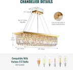 Siljoy Rectangular Gold Crystal Chandelier 8 Lights Modern Rectangle Raindrop Pendant Ceiling Light Fixture for Living Dining Room Kitchen Island Bar L40'' x W10'' x H10''