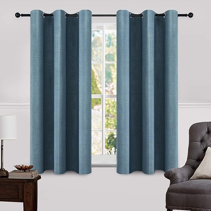 MIULEE Linen Blackout Curtains and Drapes 100% Room Darken Thermal Insulated Grommet Window Panels with Coating 2 PCs W 42 x L 63 inches Dusty Blue