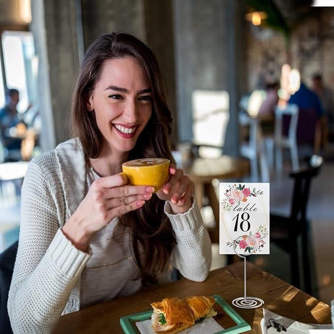 26 PCS Table Number Holder - Table Card Holder Stand Wire Photo Holder with 26 Pcs Floral Table Number Cards, Place Card Holder Stand for Weddings Party Office Paper Memo Menu Note Clips