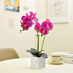 Artificial Potted Orchid Faux Phalaenopsis Silk Flowers Bonsai Realistic Arrangement in Silver Vase for Home Decoration Table Centerpiece, Purple