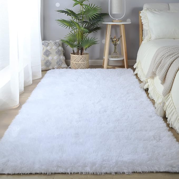 CAIYUECS Shag Area Rug,Indoor Ultra Soft Fluffy Plush Rugs for Bedroom Living Room, Non-Skid Modern Nursery Faux Fur Rugs for Kids Room Home Decor (6x9 Feet, White)