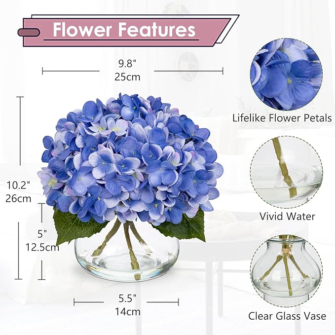 Hollyone Hydrangea Artificial Flowers with Vase Slate Blue Silk Fake Flowers Arrangements Floral Bulk Bouquet in Glass Vase with Faux Water for Home Bathroom Office Table Centerpiece Shelf Decorations