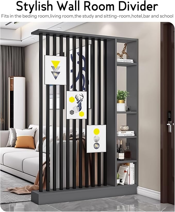 Wall Room Divider, Storage Cabinet Storage Display with Shelves, Modern Freestanding Wood Room Divider Screen, Wall Privacy Screens for Home Decorative (Grey+Black,55" L x 9.5" W x 79.5" H)