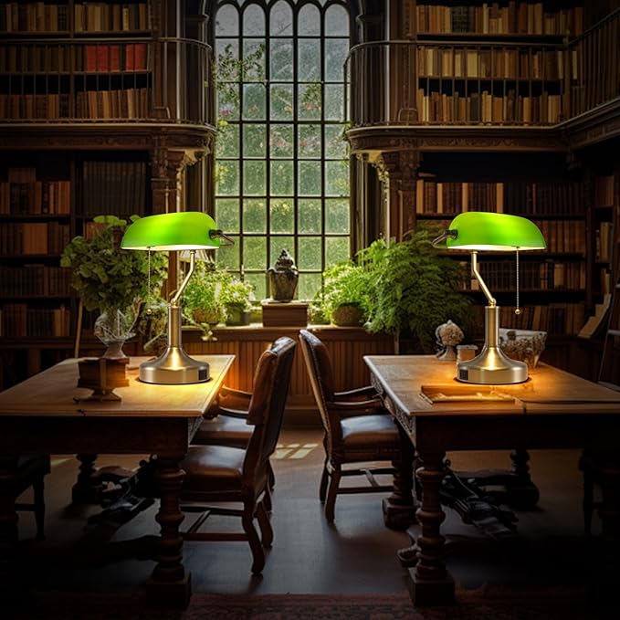 Banker Desk Lamp Green Glass, Antique Desk Lamps with Brass Base, Traditional Library Table Lamp with USB A and Type C Charging Port for Office, Study Room, Pull Chain Switch