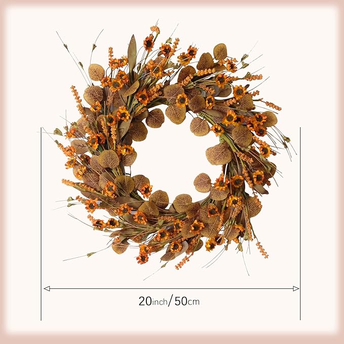 22 Inch Fall Wreath for Front Door Artificial Autumn Wreath with Eucalyptus Leaves Wild Flowers Harvest for Festival Thanksgiving Halloween Farmhouse Wall Home Decor