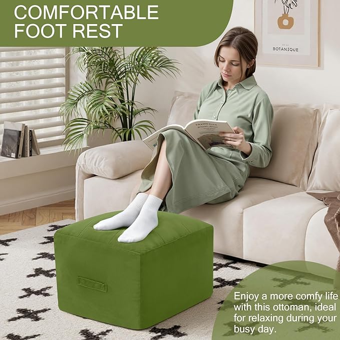 MeMoreCool Square Stuffed Pouf Ottoman Foot Rest, Floor Pouf Foot Stool with Foam Chunk Filling, Soft Stuffed Ottoman Footrest for Living Room, Green